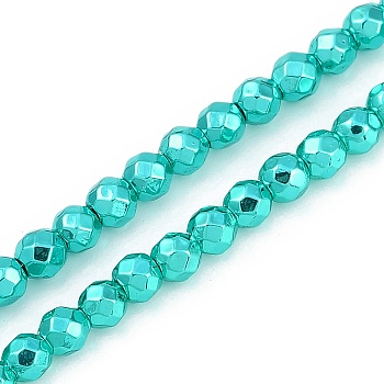 Baking Paint Electroplated Synthetic Non-magnetic Hematite Beads Strands, Faceted, Round, Turquoise, 4x4x4mm, Hole: 1mm, about 95pcs/strand, 14.96''(38cm)