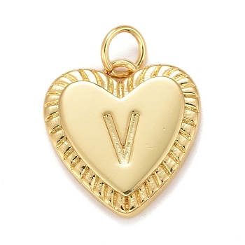 Rack Plating Real 18K Gold Plated Brass Pendants, with Jump Rings, Long-Lasting Plated, Lead Free & Cadmium Free & Nickel Free, Heart with Letter A~Z, Letter.V, 16x15x2.5mm, Jump Ring: 5x0.5mm, 3mm Inner Diameter