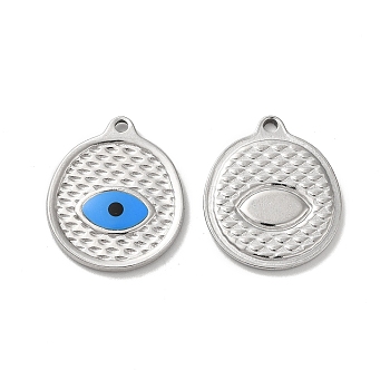 304 Stainless Steel Enamel Pendants, Flat Round with Evil Eye Charm, Stainless Steel Color, 20x15x2mm, Hole: 1.5mm
