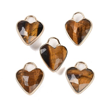 Natural Tiger Eye Faceted Pendans, Golden Plated Brass Heart Charms, 23x18x7~7.5mm, Hole: 6x6.5mm