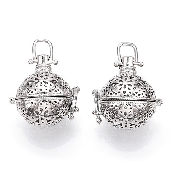 Brass Cage Pendants, For Chime Ball Pendant Necklaces Making, Hollow, Round with Flower, Platinum, 28x25.5x21mm, Hole: 6x5mm, Inner Measure: 16.5mm