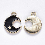 Alloy Enamel Pendants, Moon & Star, Light Gold, Black, 16x13x2mm, Hole: 1.8mm(ENAM-S121-063D)