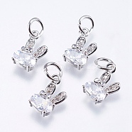 Brass Micro Pave Cubic Zirconia Bunny Charms, Cadmium Free & Lead Free, Rabbit, Real Platinum Plated, 12x6x2.5mm, Hole: 3mm(X-RB-I077-19P-RS)