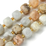 Natural Multi-Moonstone Beads Strands, with Seed Beads, Faceted Cube, 8~9x8~9x8~9mm, Hole: 0.9~1mm, about 35~39pcs/strand, 14.80''~15.16''(37.6~38.5cm)(G-Q010-A04-01)