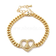 Brass Micro Pave Clear Cubic Zirconia Cuban Link Chains Bracelets, Nossa Senhora Aparecida Link Bracelets for Women, Real 16K Gold Plated, Heart, 6-7/8 inch(17.6cm), Heart: 19.5x21.5x5mm(BJEW-M322-04G-B)