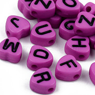 Opaque Acrylic Enamel Beads, Horizontal Hole, Heart with Mixed Black Letters, Orchid, 7x7x4mm, Hole: 1.5mm, about 3600pcs/500g(MACR-S273-37B)