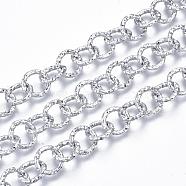 Aluminium Rolo Chains, Textured, with Spool, Unwelded, Silver Color Plated, 11.5x2mm, about 10m/roll(CHA-T001-12S)