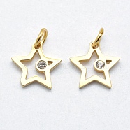 316 Surgical Stainless Steel Pendants, with Cubic Zirconia, Long-Lasting Plated, Star, Clear, Real 18K Gold Plated, 11x11.5x2mm, Hole: 3mm(STAS-K178-01B-G)