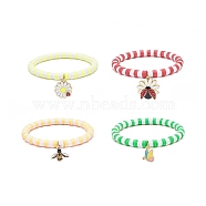 4Pcs 4 Styles Insect Theme Alloy Enamel Stretch Charm Bracelets, with Polymer Clay Heishi Beads, Butterfly/Bee/Ladybug, Golden, Mixed Color, Inner Diameter: 2-1/4 inch(5.6cm), 1pc/style(BJEW-JB08763)
