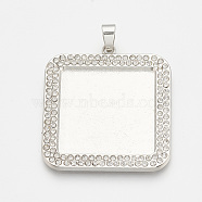 Alloy Pendant Cabochon Settings, Cadmium Free & Lead Free, Picture Memory Frame Pendants, with Rhinestone, Square, Platinum, Tray: 25x25mm, 36.5x33.5x2.5mm, Hole: 4mm(X-PALLOY-S108-05P)