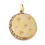 Rack Plating Brass Micro Pave Cubic Zirconia Pendants, Long-Lasting Plated, Lead Free & Cadmium Free, Flat Round Moon Charm, Real 18K Gold Plated, 27x24x2mm, Hole: 6.5x4mm(KK-K377-73G)
