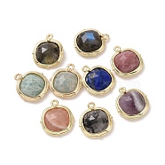 Natural Mixed Stone Pendants, Faceted Square Charms, with Golden Plated Brass Edge Loops, 16x14x5mm, Hole: 2mm(G-G012-09B)