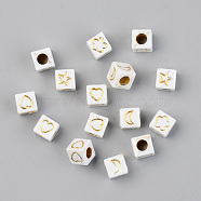 Vacuum Plating Acrylic Beads, Opaque, Cube with Mixed Shaped, White, Golden Plated, 6x6x6mm, Hole: 3mm, 2900pcs/500g(PACR-T010-005G)