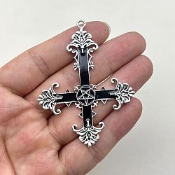 Alloy Enamel Big Pendants, Antique Silver, Cross with Star Charm, Black, 71x56mm(PW-WGEF157-02)