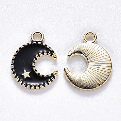 Alloy Enamel Pendants, Moon & Star, Light Gold, Black, 16x13x2mm, Hole: 1.8mm(ENAM-S121-063D)