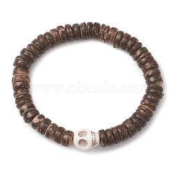 Coconut Disc Beaded Stretch Bracelets, Halloween Skull Synthetic Turquoise Bracelets for Women Men, Coconut Brown, Inner Diameter: 2-1/4 inch(5.7cm)(BJEW-JB10465-02)