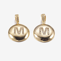 Brass Pendants, with Cubic Zirconia, Cadmium Free & Lead Free, Flat Round with Letter, Golden, Letter.M, 22mm, Hole: 2x3mm, Pendant: 15x3mm(KK-K194-M-G-RS)
