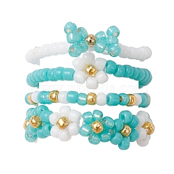 4Pcs 4 Style Glass Seed Beaded Stretch Finger Rings, Flower & Bowknot Stackable Rings, Dark Turquoise, Inner Diameter: 19mm(RJEW-JR00661-01)