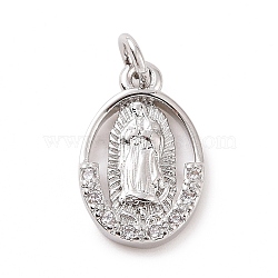 Brass Micro Pave Cubic Zirconia Pendants, with Jump Ring, Oval with Religion Virgin Mary Charm, Platinum, 15.5x10x2mm, Hole: 2.8mm(KK-C012-10P)