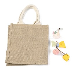 Jute Bag, with Cloth Decoration and Handles, Gifts Bags, Rectangle, Dark Khaki, 35cm, 23x21x15.5cm, Fold: 23x21x1.3cm(ABAG-F003-02)