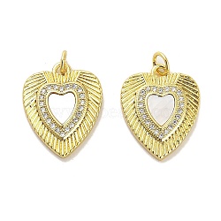 Brass Micro Pave Clear Cubic Zirconia Pendants, with Shell, Jump Rings, Real 18K Gold Plated, Heart, 19.5x16x3mm, Hole: 3.5mm(KK-K365-04D-G)