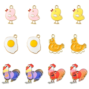 12pcs 6 styles Alloy Enamel Pendants, Chicken & Egg Charm, Mixed Shapes, 19~23x15~19.5x2~3mm, Hole: 1.5~1.6mm, 2pcs/style