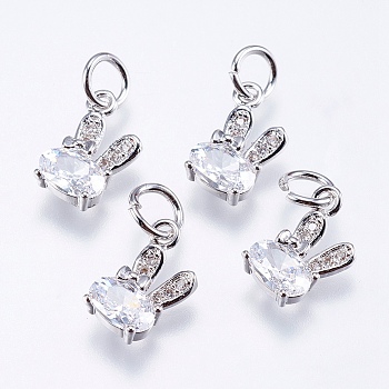 Brass Micro Pave Cubic Zirconia Bunny Charms, Cadmium Free & Lead Free, Rabbit, Real Platinum Plated, 12x6x2.5mm, Hole: 3mm