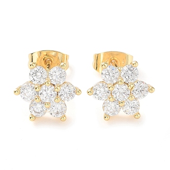 Brass Micro Pave Cubic Zirconia Stud Earrings, Snowflake Jewelry for Women, Golden, 9.5x11mm
