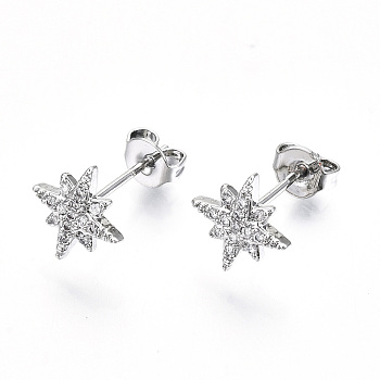 Brass Micro Pave Clear Cubic Zirconia Stud Earrings, with Ear Nuts, Nickel Free, Star, Platinum, 9x9mm, Pin: 0.7mm