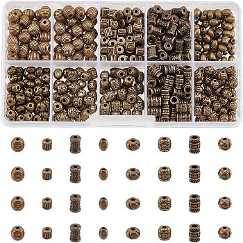 480Pcs 8 Style Tibetan Style Alloy Beads, Tube & Oval & Round, Antique Bronze, 5.5~7x4~6x3.5~6mm, Hole: 1~2.7mm, 60pcs/style