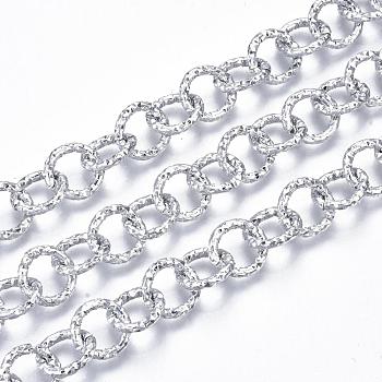 Aluminium Rolo Chains, Textured, with Spool, Unwelded, Silver Color Plated, 11.5x2mm, about 10m/roll