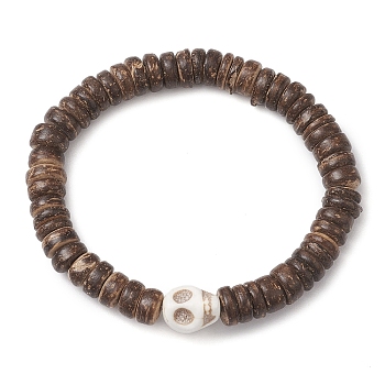 Coconut Disc Beaded Stretch Bracelets, Halloween Skull Synthetic Turquoise Bracelets for Women Men, Coconut Brown, Inner Diameter: 2-1/4 inch(5.7cm)