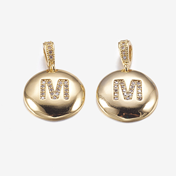Brass Pendants, with Cubic Zirconia, Cadmium Free & Lead Free, Flat Round with Letter, Golden, Letter.M, 22mm, Hole: 2x3mm, Pendant: 15x3mm