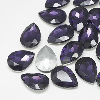 Pointed Back Glass Rhinestone Cabochons, Back Plated, Faceted, teardrop, Tanzanite, 10x7x4mm
