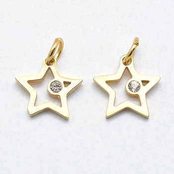 316 Surgical Stainless Steel Pendants, with Cubic Zirconia, Long-Lasting Plated, Star, Clear, Real 18K Gold Plated, 11x11.5x2mm, Hole: 3mm