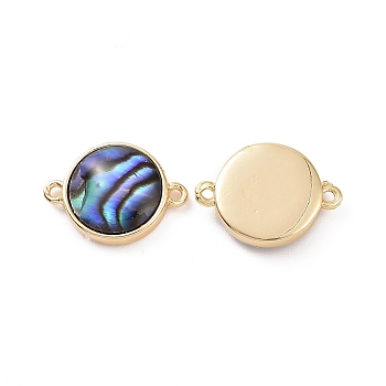 Brass Connector Charms, with Paua Shell, Flat Round Links, Real 18K Gold Plated, 13.5x10x3mm, Hole: 1mm