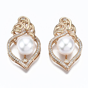 Brass Micro Pave Clear Cubic Zirconia Slide Charms, with White Plastic Imitation Pearl, Light Gold, 30.5x18x12.5mm, Hole: 10x2.5~8.5x1.5mm