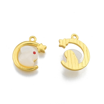 Glass Pendants, with Matte Gold Color Plated Alloy Findings, Moon with Rabbit & Star, Floral White, 18x15x5.5mm, Hole: 1.5mm