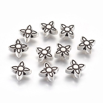 Tibetan Style Alloy Beads, Lead Free & Nickel Free & Cadmium Free, Flower, Antique Silver, about 8.8mm in diameter, Hole: 1mm
