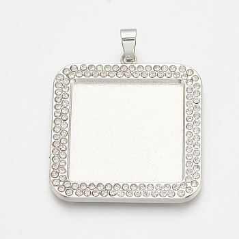 Alloy Pendant Cabochon Settings, Cadmium Free & Lead Free, Picture Memory Frame Pendants, with Rhinestone, Square, Platinum, Tray: 25x25mm, 36.5x33.5x2.5mm, Hole: 4mm