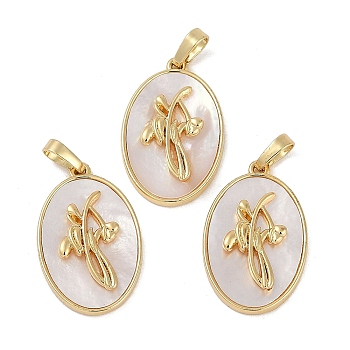 Rack Plating Brass Pave Shell Oval Pendants, Birth Flower Charms, Real 18K Gold Plated, Long-Lasting Plated, Lead Free & Cadmium Free, Seashell Color, 25.5x16x4.5~5.5mm, Hole: 5.5x3mm