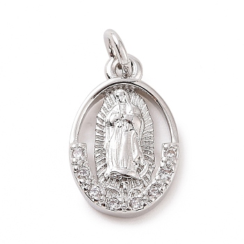 Brass Micro Pave Cubic Zirconia Pendants, with Jump Ring, Oval with Religion Virgin Mary Charm, Platinum, 15.5x10x2mm, Hole: 2.8mm