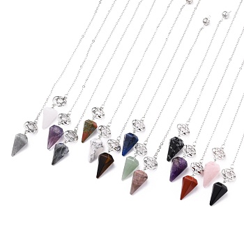 Natural & Synthetic Mixed Gemstone Hexagonal Pointed Dowsing Pendulums, with Platinum Plated Brass Findings, Star of David & Cone, 240x2x0.1mm