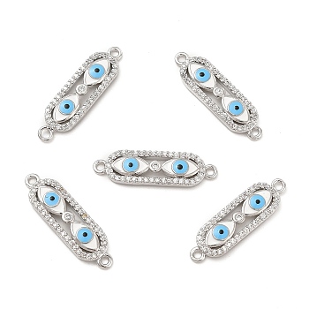 Brass Micro Pave Clear Cubic Zirconia Connector Charms with Enamel, Oval Links with Evil Eye, Platinum, White, 24.5x7x2.8mm, Hole: 1.4mm