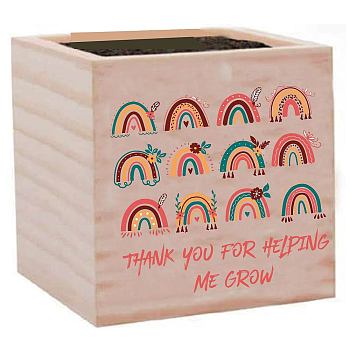 Willow Wood Planters, Flower Pots, for Garden Supplies, Square with Word Thank You for Helping Me Grow, Rainbow, 75x75x75mm