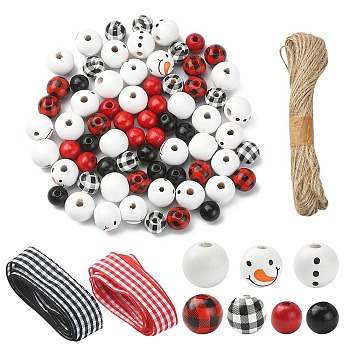 DIY Christmas Snowman Pendant Decoration Making Kit, Including Dyed Natural Wood Beads, Round, Jute String, Polyester Ribbon, for Arts Crafts, Mixed Color