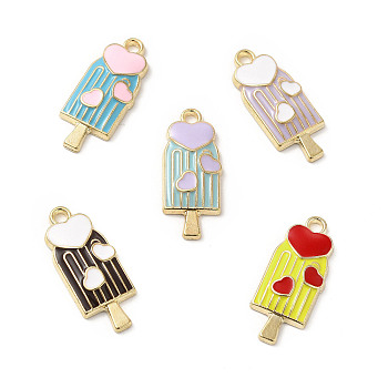 Summer Theme Alloy Enamel Pendants, Ice Sucker with Heart Charms, Golden, Mixed Color, 24x10x3mm, Hole: 1.8mm