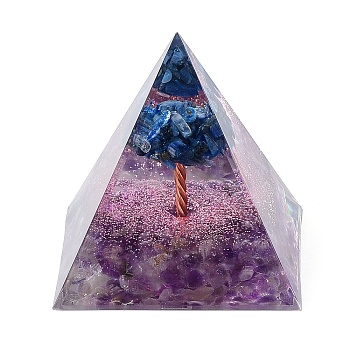 Orgonite Pyramid Resin Energy Generators, Reiki Natural Amethyst Chips Tree of Life for Home Office Desk Decoration, 50mm