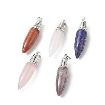 Natural & Synthetic Mixed Gemstone Big Pendants, with Jump Ring, Bullet Charms with Platinum Plated Brass Findings, 49.5~51x12mm, Hole: 6mm