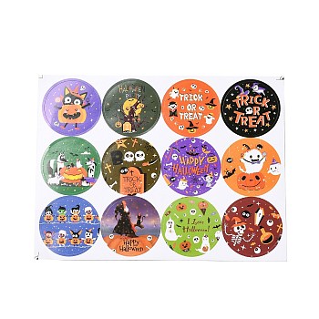 12Pcs Halloween Theme Round Dot Paper Picture Stickers for DIY Scrapbooking, Craft, Halloween Themed Pattern, Colorful, 35mm